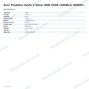 Acer Predator Vesta II Silver RGB 32GB (16GBx2) 6000MHz CL36 DDR5 RAM