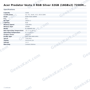 Acer Predator Vesta II RGB Silver 32GB (16GBx2) 7200MHz CL34 DDR5 RAM