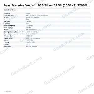 Acer Predator Vesta II RGB Silver 32GB (16GBx2) 7200MHz CL34 DDR5 RAM