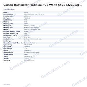 Corsair Dominator Platinum RGB White 64GB (32GBx2) 5600MHz CL40 DDR5 RAM