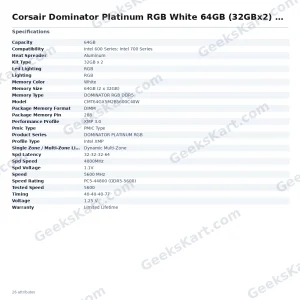 Corsair Dominator Platinum RGB White 64GB (32GBx2) 5600MHz CL40 DDR5 RAM