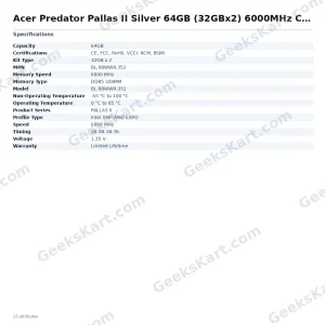 Acer Predator Pallas II Silver 64GB (32GBx2) 6000MHz CL30 DDR5 RAM