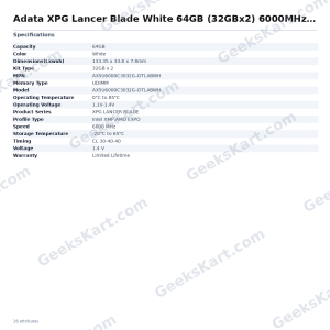 Adata XPG Lancer Blade White 64GB (32GBx2) 6000MHz CL30 DDR5 RAM