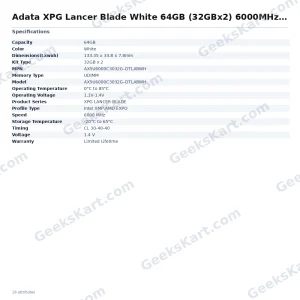 Adata XPG Lancer Blade White 64GB (32GBx2) 6000MHz CL30 DDR5 RAM