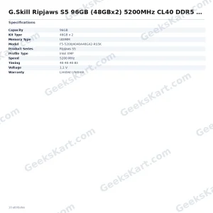 G.Skill Ripjaws S5 96GB (48GBx2) 5200MHz CL40 DDR5 RAM