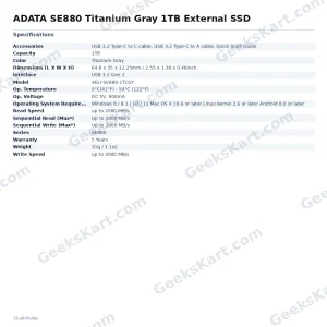 ADATA SE880 Titanium Gray 1TB External SSD