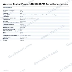 Western Digital Purple 1TB 5400RPM Surveillance Internal Hard Drive