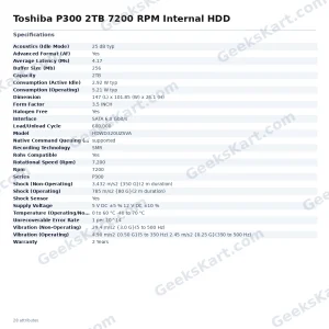 Toshiba P300 2TB 7200 RPM Internal HDD
