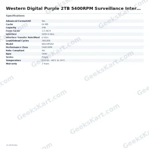 Western Digital Purple 2TB 5400RPM Surveillance Internal Hard Drive