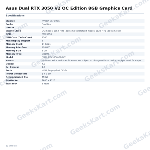 Asus Dual RTX 3050 V2 OC Edition 8GB Graphics Card