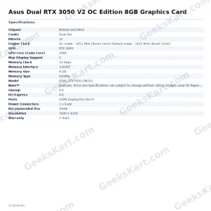 Asus Dual RTX 3050 V2 OC Edition 8GB Graphics Card