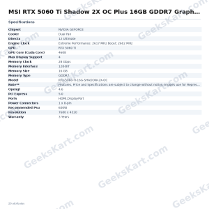 MSI RTX 5060 Ti Shadow 2X OC Plus 16GB GDDR7 Graphics Card