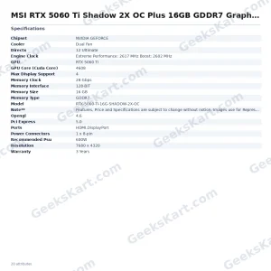MSI RTX 5060 Ti Shadow 2X OC Plus 16GB GDDR7 Graphics Card