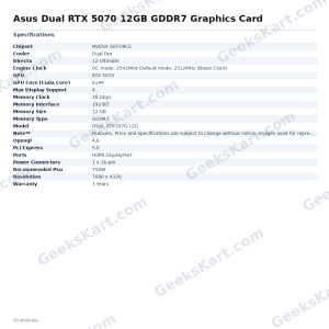 Asus Dual RTX 5070 12GB GDDR7 Graphics Card