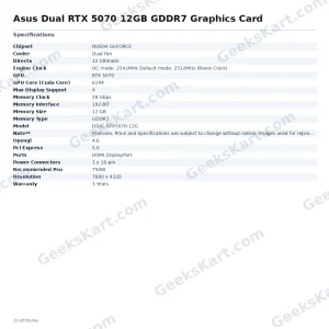 Asus Dual RTX 5070 12GB GDDR7 Graphics Card