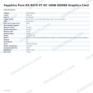 Sapphire Pure RX 9070 XT OC 16GB GDDR6 Graphics Card