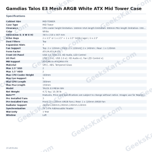 Gamdias Talos E3 Mesh ARGB White ATX Mid Tower Case