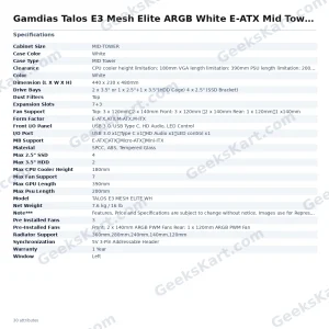 Gamdias Talos E3 Mesh Elite ARGB White E-ATX Mid Tower Case