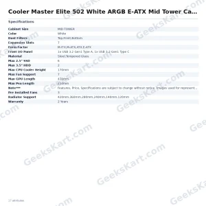 Cooler Master Elite 502 White ARGB E-ATX Mid Tower Case