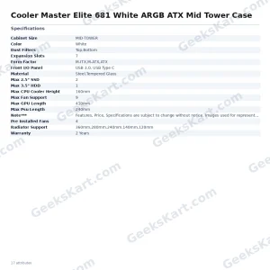 Cooler Master Elite 681 White ARGB ATX Mid Tower Case