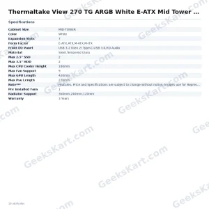 Thermaltake View 270 TG ARGB White E-ATX Mid Tower Case