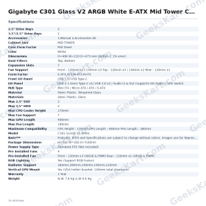 Gigabyte C301 Glass V2 ARGB White E-ATX Mid Tower Case