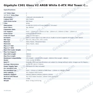 Gigabyte C301 Glass V2 ARGB White E-ATX Mid Tower Case