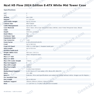 Nzxt H5 Flow 2024 Edition E-ATX White Mid Tower Case