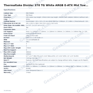 Thermaltake Divider 370 TG White ARGB E-ATX Mid Tower Case