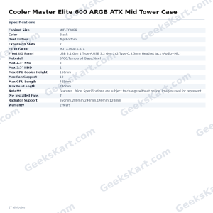 Cooler Master Elite 600 ARGB ATX Mid Tower Case
