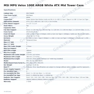 MSI MPG Velox 100R ARGB White ATX Mid Tower Case