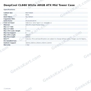 DeepCool CL660 White ARGB ATX Mid Tower Case