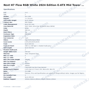 Nzxt H7 Flow RGB White 2024 Edition E-ATX Mid Tower Case