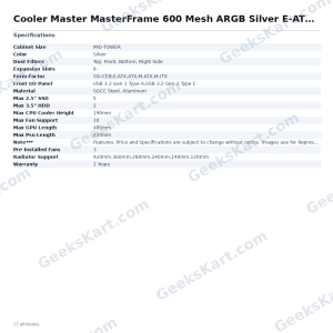 Cooler Master MasterFrame 600 Mesh ARGB Silver E-ATX Mid Tower Case