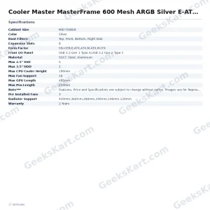 Cooler Master MasterFrame 600 Mesh ARGB Silver E-ATX Mid Tower Case