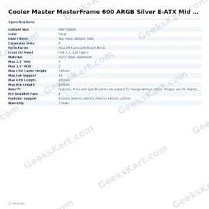 Cooler Master MasterFrame 600 ARGB Silver E-ATX Mid Tower Case