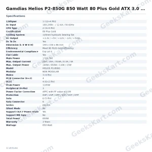 Gamdias Helios P2-850G 850 Watt 80 Plus Gold ATX 3.0 SMPS