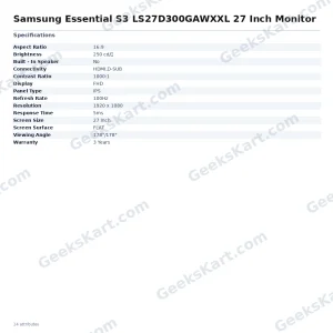 Samsung Essential S3 LS27D300GAWXXL 27 Inch Monitor