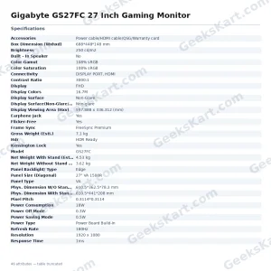 Gigabyte GS27FC 27 Inch Gaming Monitor