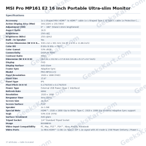 MSI Pro MP161 E2 16 Inch Portable Ultra-slim Monitor