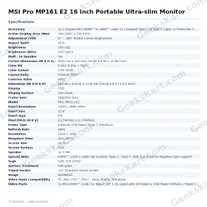 MSI Pro MP161 E2 16 Inch Portable Ultra-slim Monitor