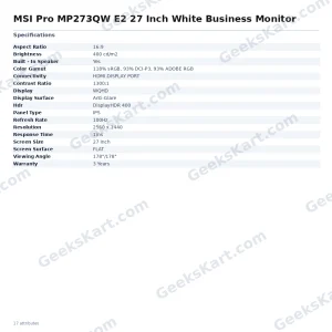 MSI Pro MP273QW E2 27 Inch White Business Monitor