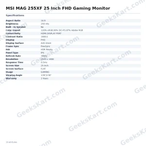 MSI MAG 255XF 25 Inch FHD Gaming Monitor