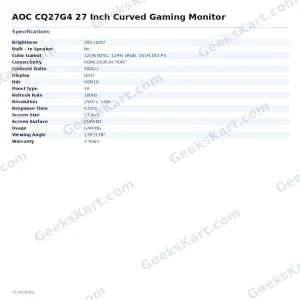 AOC CQ27G4 27 Inch Curved Gaming Monitor