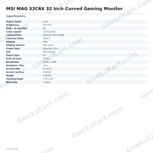 MSI MAG 32C6X 32 Inch Curved Gaming Monitor