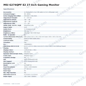 MSI G274QPF E2 27 Inch Gaming Monitor