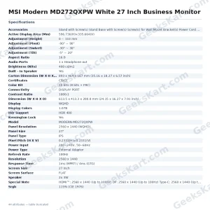 MSI Modern MD272QXPW White 27 Inch Business Monitor