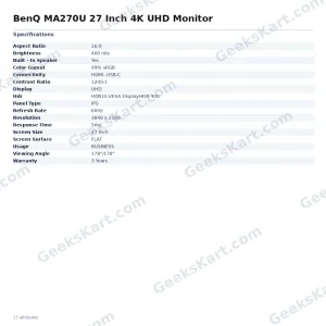 BenQ MA270U 27 Inch 4K UHD Monitor