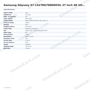 Samsung Odyssey G7 LS27DG700EWXXL 27 Inch 4K UHD Gaming Monitor