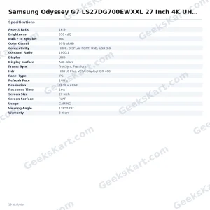 Samsung Odyssey G7 LS27DG700EWXXL 27 Inch 4K UHD Gaming Monitor
